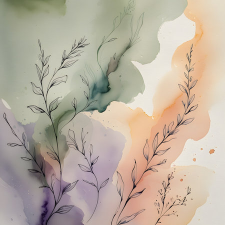 Abstract watercolor background with plants and leaves. Hand-drawn illustration.の素材
