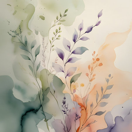 Abstract watercolor background with flowers and leaves. Hand-drawn illustration.の素材
