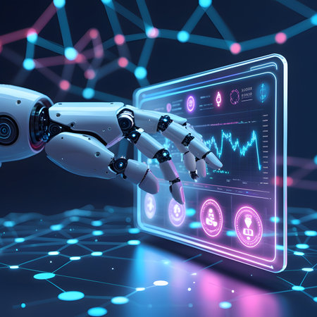 Robot hand pointing at hologram screen on dark blue background 3D renderingの素材