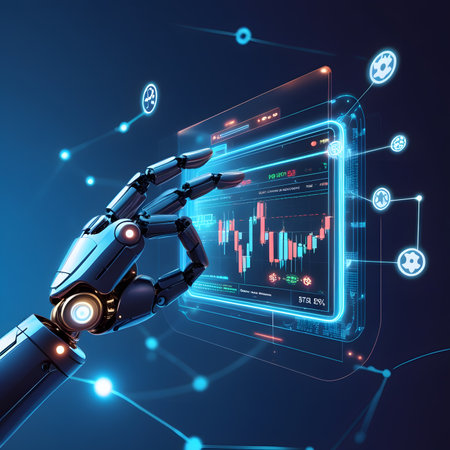 3d rendering robot hand working with tablet computer with stock market chartの素材