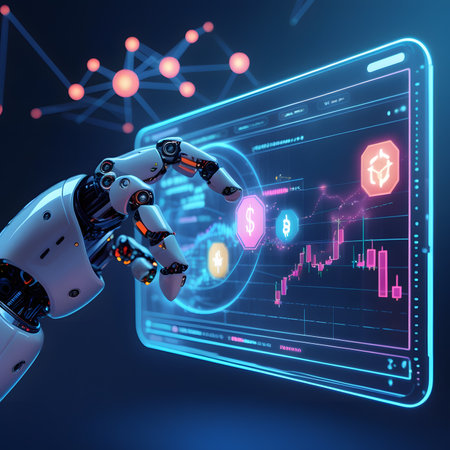 3d rendering robot hand with stock market graph on virtual screen.の素材