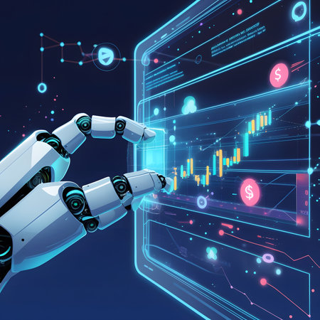 3d rendering robot hand with financial chart on virtual screen. Artificial intelligence conceptの素材
