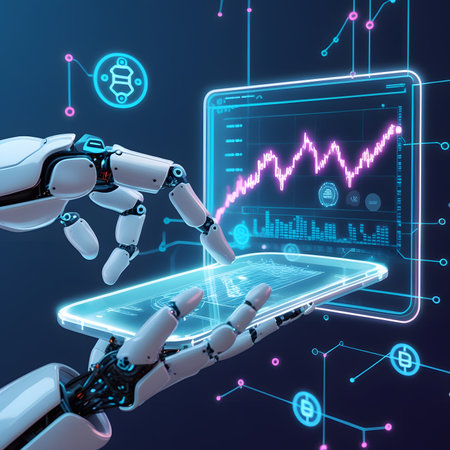 3d rendering robot hand with smartphone with stock market chart on screenの素材