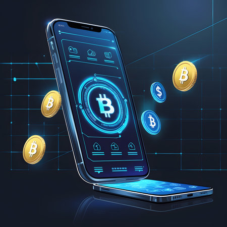 Smartphone with bitcoin icon on the screen. Cryptocurrency conceptの素材