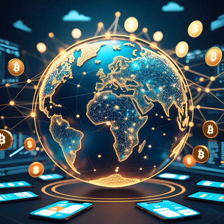 Globe with glowing lines and icons of cryptocurrency mining. 3d renderingの素材