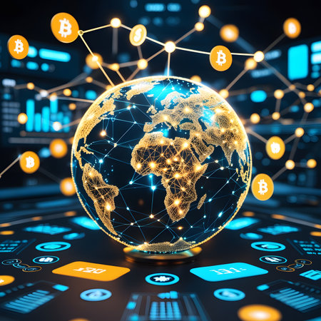 Globe with bitcoin symbol and network hologram. 3d renderingの素材