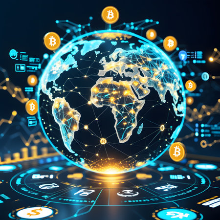 Global network and cryptocurrency concept. 3d rendering toned image double exposureの素材