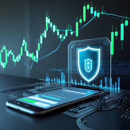 Smartphone with shield and stock market chart on dark background. 3D renderingの素材