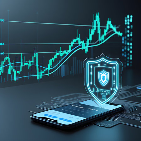 Smartphone with shield on the background of financial charts. 3d renderingの素材