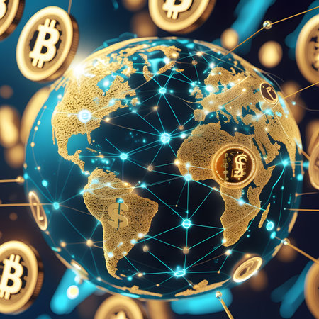 Golden planet earth with bitcoins on blue background. 3d illustration.の素材