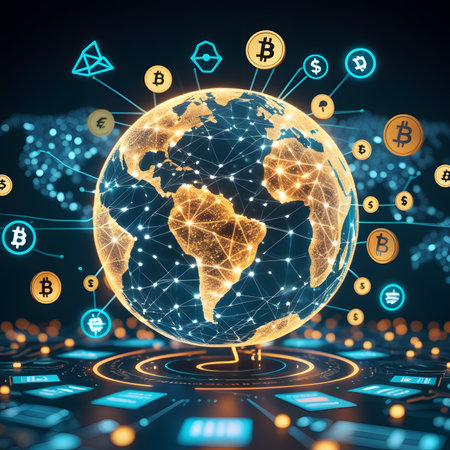 Globe and cryptocurrency icons on the blue background. 3d renderingの素材