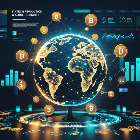 Abstract digital globe with bitcoin symbols on the blue background. Vector illustration.の素材