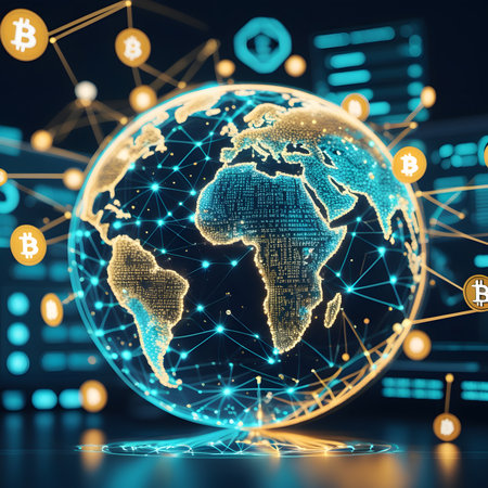 Global network and cryptocurrency concept. 3d rendering toned image double exposureの素材