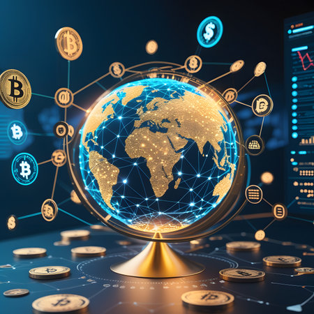 Globe with bitcoin and cryptocurrency icons. Cryptocurrency concept. 3D renderingの素材