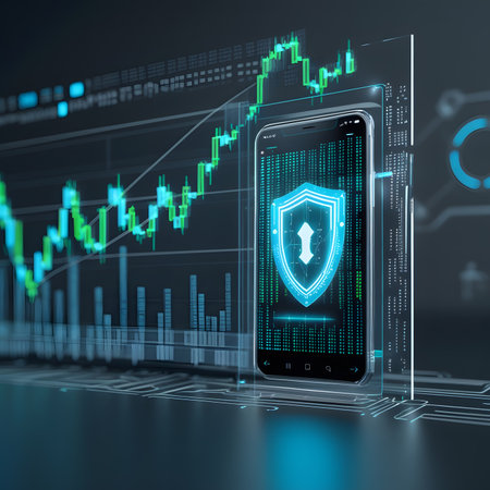 smartphone with shield and stock market chart on screen, 3d renderingの素材