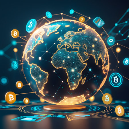Globe with bitcoin icons. Cryptocurrency concept. 3D Renderingの素材