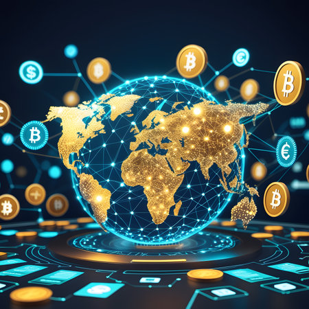 Glowing digital planet Earth with cryptocurrency coins. 3D Renderingの素材