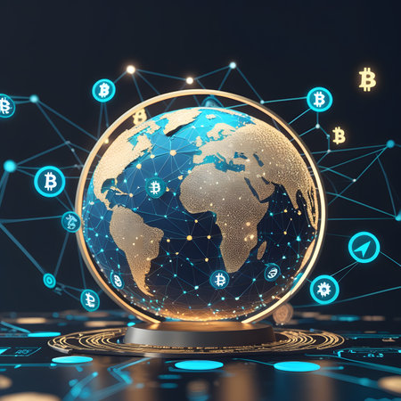 Global network and cryptocurrency concept. 3d rendering toned image double exposureの素材