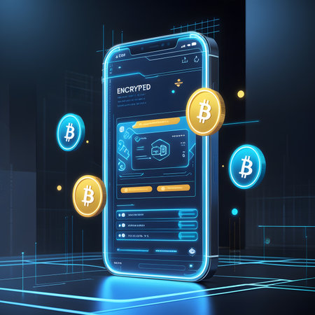 Smartphone with bitcoin interface on dark background. 3D Renderingの素材