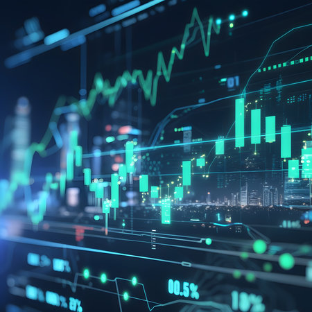 abstract glowing forex chart interface on night city background, financial and trading conceptの素材