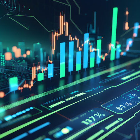 financial chart on virtual screen. 3d rendering toned image double exposureの素材