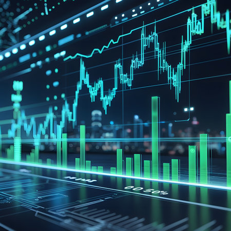 financial graph on abstract screen and night city view, represent stock market analysis.の素材