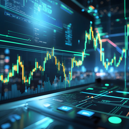 Digital stock market chart on computer screen. Finance and trade concept. Double exposureの素材