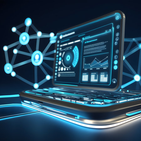 Laptop with blue hologram screen on blue background 3D renderingの素材