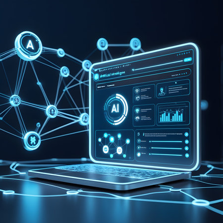 Laptop screen with infographics on dark blue background 3D renderingの素材