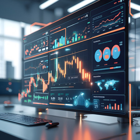 Computer screen with business charts and graphs on it. 3d renderingの素材