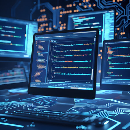 Programming code on a computer monitor, 3d rendering toned imageの素材