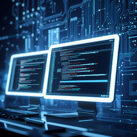 Computer screen with binary code on dark blue background. 3D renderingの素材