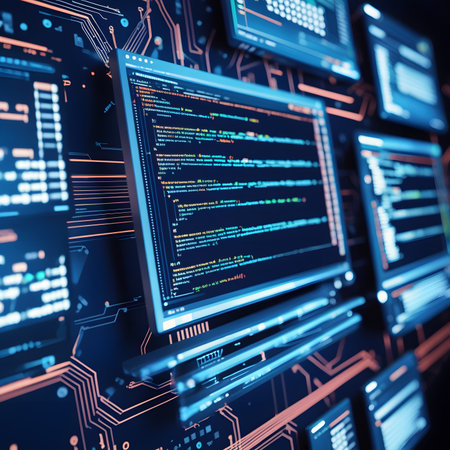 Programming code on computer monitor. Internet and technology concept. 3D Renderingの素材
