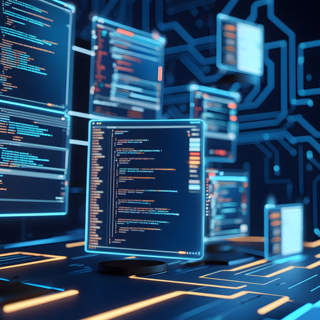 Programming code on computer monitor. 3d rendering toned imageの素材