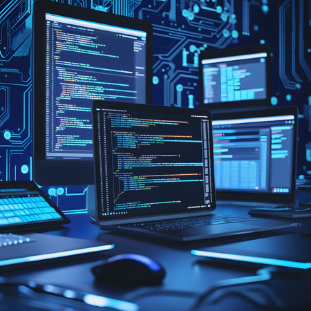 3d rendering of computer screen with programming code on it. Computer technology conceptの素材