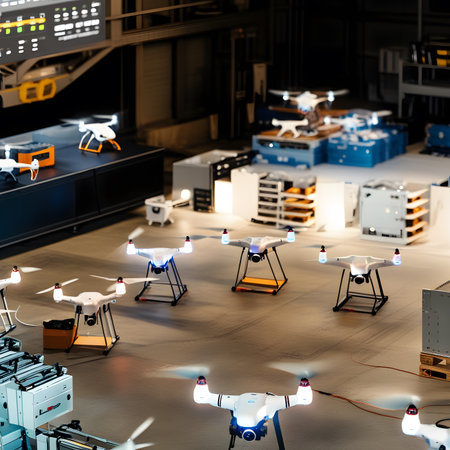 3D rendering of a drone assembly line in a factory or factoryの素材