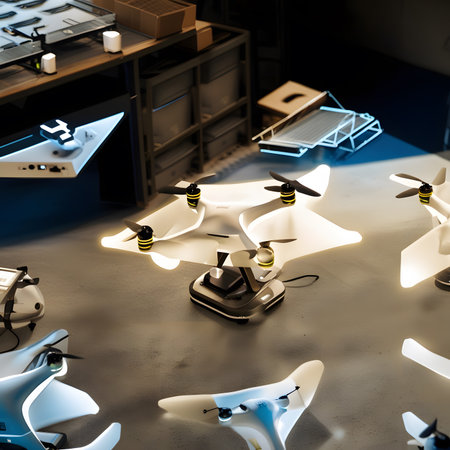 Drone quadcopter with digital camera on table in modern officeの素材