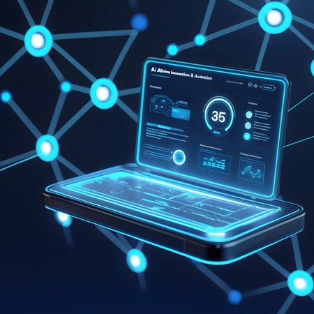 Futuristic smartphone with hologram screen on dark blue background. 3d renderingの素材