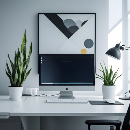 Minimalistic workplace with computer, coffee cup, plantrations and other items. Mock up, 3D Renderingの素材