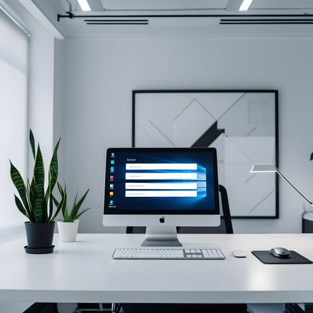 Side view of modern white office desktop with empty computer screen, keyboard and other items. Mock up, 3D Renderingの素材