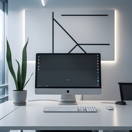 Computer with blank screen on white table in office. 3D Renderingの素材