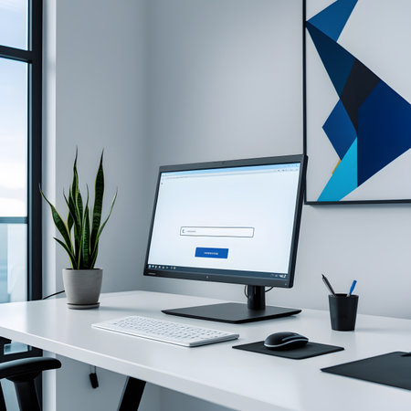 Front view of modern office workplace with blank computer screen, supplies and decorations. Mock up, 3D Renderingの素材