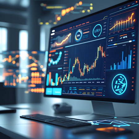 Close up of modern desktop with computer and glowing forex chart. 3D Renderingの素材