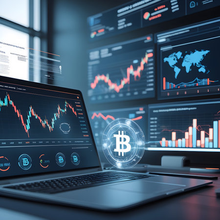 close up of laptop with bitcoin icon on screen, 3d renderingの素材