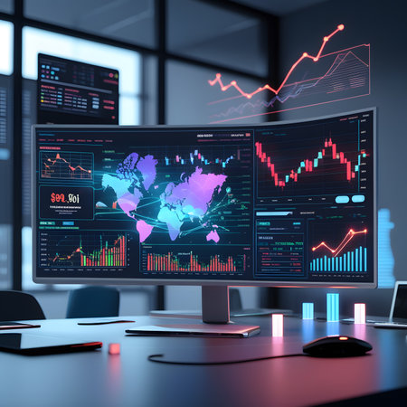 3d rendering of stock market data on computer screen in office roomの素材