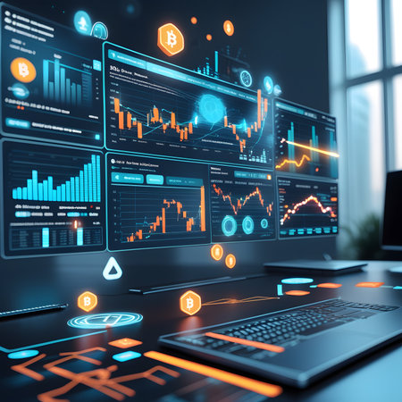 Glowing business charts and graphs on dark background. 3d renderingの素材