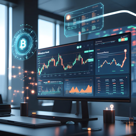 Close up of modern office desktop with desktop computer and infographs. 3D Renderingの素材