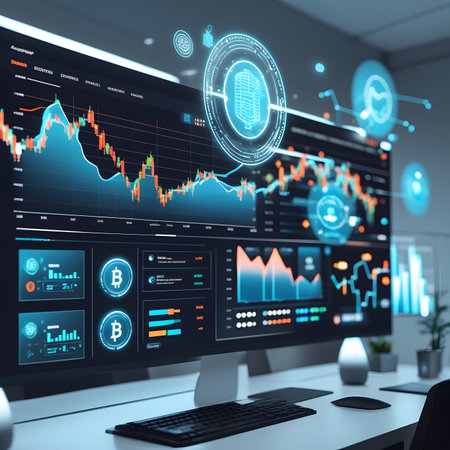 3d rendering of stock market data analysis on desktop computer screen.の素材
