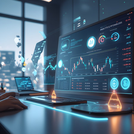 Side view of female hands using laptop with glowing digital business interface on blurry city background. Research and analytics concept. Double exposureの素材