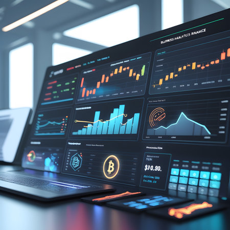 Laptop screen with glowing charts and graphs. 3D Renderingの素材